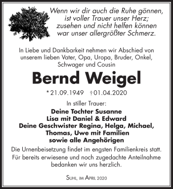 Traueranzeige von Bernd Weigel von Südthüringer Presse