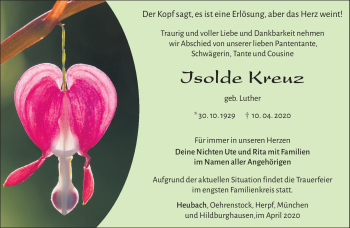 Traueranzeige von Isolde Kreuz von Südthüringer Presse