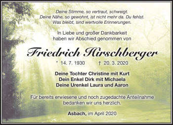 Traueranzeige von Friedrich Hirschberger von Südthüringer Presse