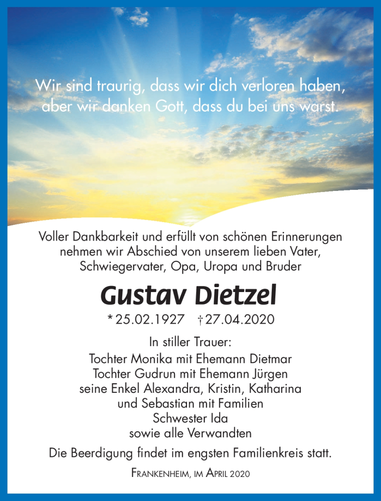  Traueranzeige für Gustav Dietzel vom 29.04.2020 aus Südthüringer Presse