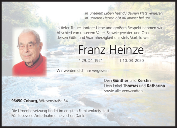 Traueranzeige von Franz Heinze von Neue Presse Coburg