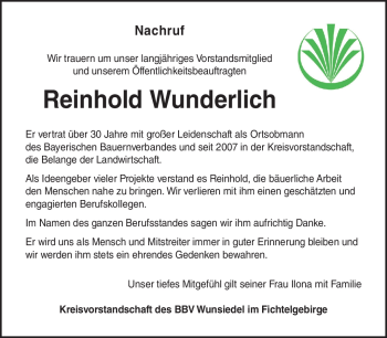 Traueranzeige von Reinhold Wunderlich von Frankenpost