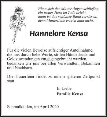 Traueranzeige von Hannelore Kensa von Südthüringer Presse