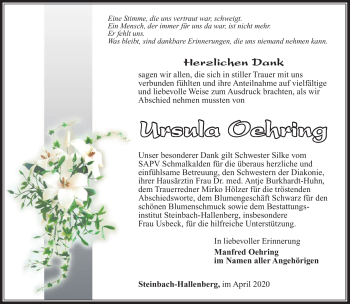 Traueranzeige von Ursula Oehring von Südthüringer Presse