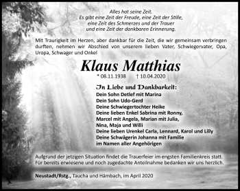 Traueranzeige von Klaus Matthias von Südthüringer Presse