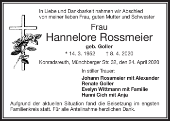 Traueranzeige von Hannelore Rossmeier von Frankenpost