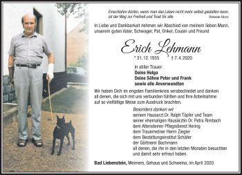 Traueranzeige von Erich Lehmann von Südthüringer Presse