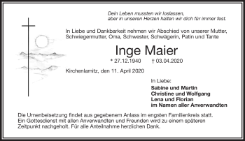 Traueranzeige von Inge Maier von Frankenpost