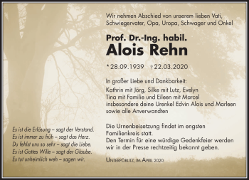 Traueranzeige von Alois Rehn von Südthüringer Presse