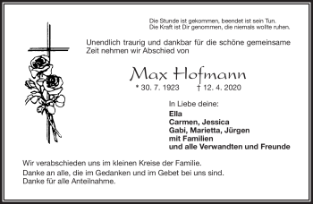 Traueranzeige von Max Hofmann von Frankenpost