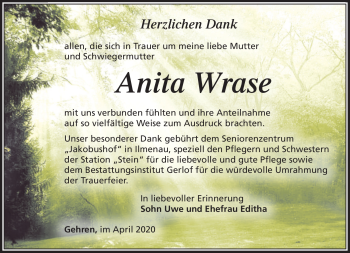 Traueranzeige von Anita Wrase von Südthüringer Presse