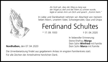Traueranzeige von Ferdinand Schultes von Neue Presse Coburg