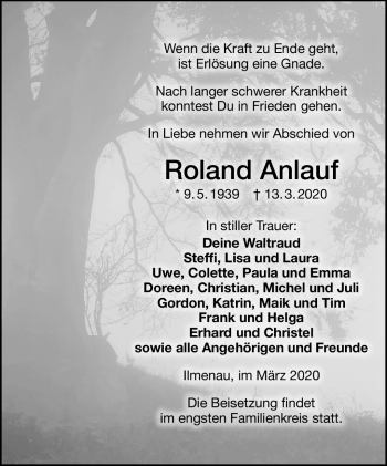 Traueranzeige von Roland Anlauf von Südthüringer Presse