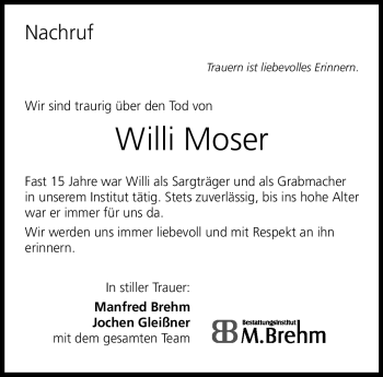 Traueranzeige von Willi Moser von Neue Presse Coburg