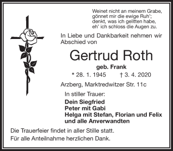 Traueranzeige von Gertrud Roth von Frankenpost