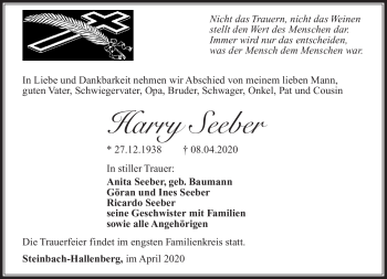 Traueranzeige von Harry Seeber von Südthüringer Presse