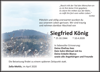 Traueranzeige von Siegfried König von Südthüringer Presse