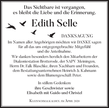 Traueranzeige von Edith Selle von Südthüringer Presse