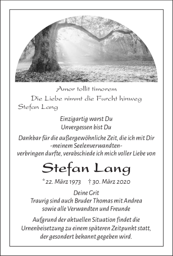 Traueranzeige von Stefan Lang von Frankenpost