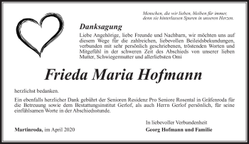 Traueranzeige von Frieda Maria Hofmann von Südthüringer Presse