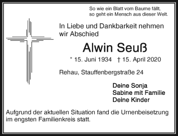 Traueranzeige von Alwin Seuß von Frankenpost