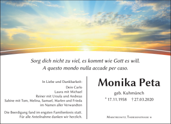 Traueranzeige von Monika Peta von Frankenpost