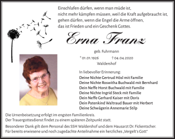 Traueranzeige von Erna Franz von Frankenpost