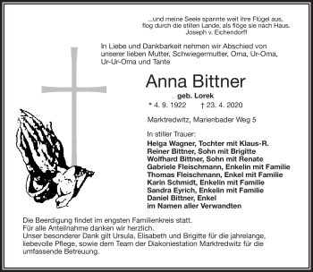 Traueranzeige von Anna Bittner von Frankenpost