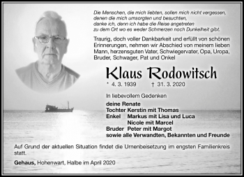 Traueranzeige von Klaus Rodowitsch von Südthüringer Presse