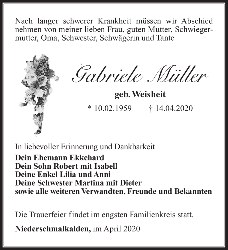 Traueranzeige für Gabriele Müller vom 18.04.2020 aus Südthüringer Presse