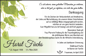 Traueranzeige von Horst Fuchs von Südthüringer Presse