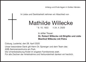 Traueranzeige von Mathilde Willecke von Neue Presse Coburg
