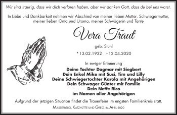 Traueranzeige von Vera Traut von Südthüringer Presse
