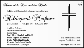Traueranzeige von Hildegard Meißner von Südthüringer Presse