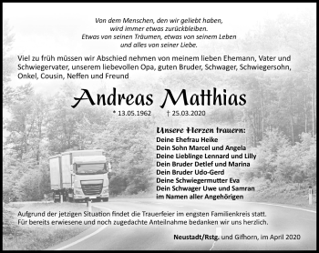 Traueranzeige von Andreas Matthias von Südthüringer Presse