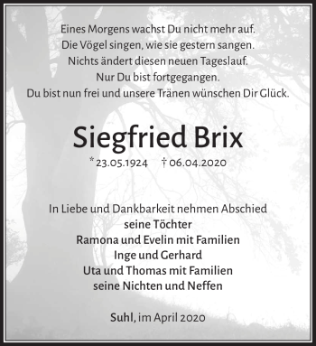 Traueranzeige von Siegfried Brix von Südthüringer Presse