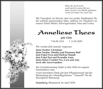 Traueranzeige von Anneliese Thees von Südthüringer Presse