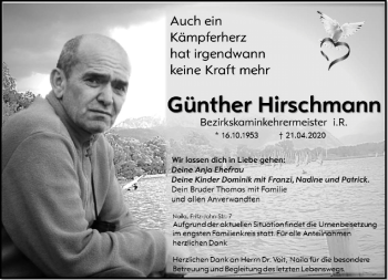 Traueranzeige von Günther Hirschmann von Frankenpost