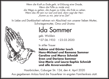 Traueranzeige von Ida Sommer von Neue Presse Coburg