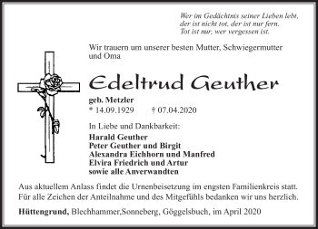 Traueranzeige von Edeltrud Geuther von Südthüringer Presse