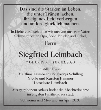 Traueranzeige von Siegfried Leimbach von Südthüringer Presse