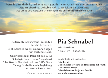 Traueranzeige von Pia Schnabel von Neue Presse Coburg