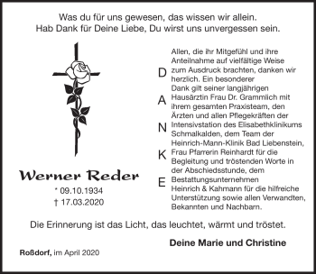 Traueranzeige von Werner Reder von Südthüringer Presse