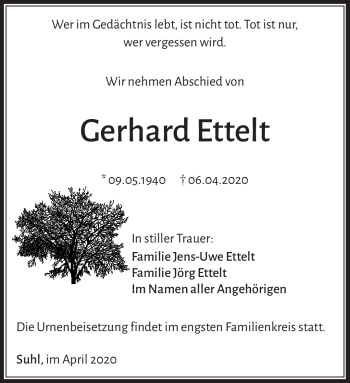 Traueranzeige von Gerhard Ettelt von Südthüringer Presse