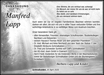 Traueranzeige von Manfred Lapp von Südthüringer Presse