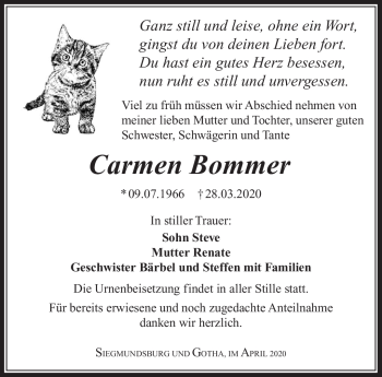 Traueranzeige von Carmen Bommer von Südthüringer Presse