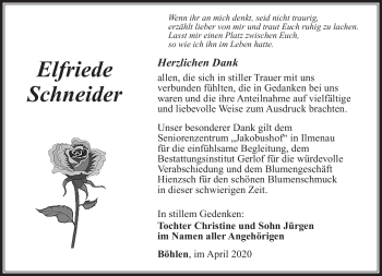 Traueranzeige von Elfriede Schneider von Südthüringer Presse