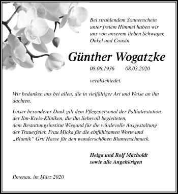 Traueranzeige von Günther Wogatzke von Südthüringer Presse