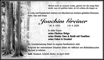 Traueranzeige von Joachim Greiner von Südthüringer Presse