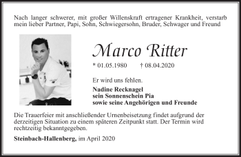 Traueranzeige von Marco Ritter von Südthüringer Presse